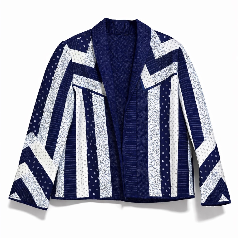 Handmade Quilted Patchwork Jacket Navy Blue Polka Dot Lined One Size
